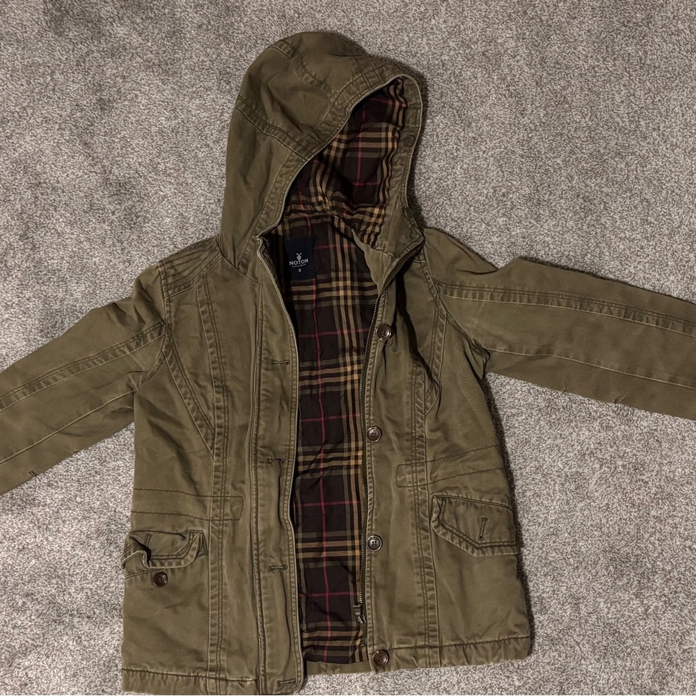 Green Utility Jacket with Hood and Plaid Lining
